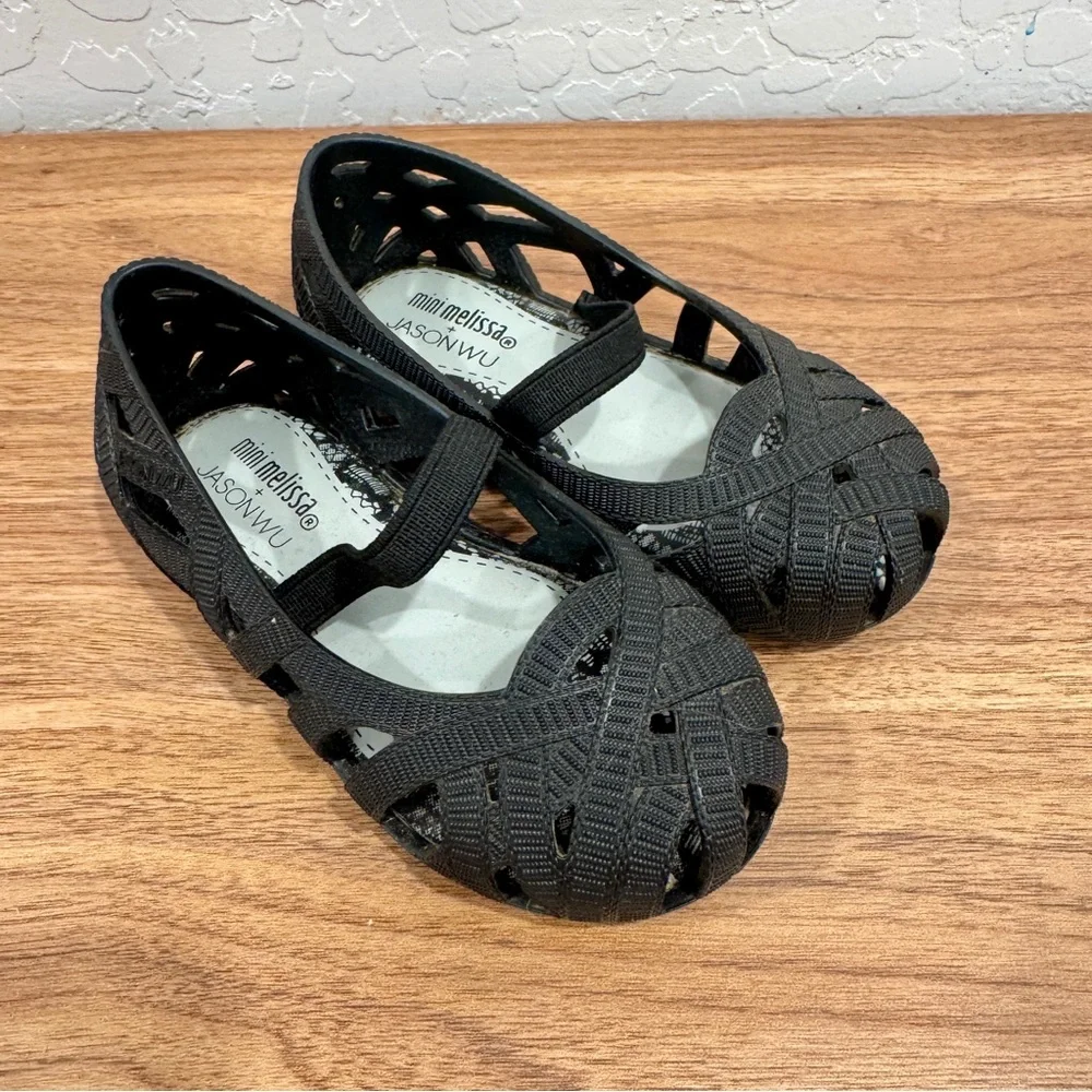 Mini Melissa Jason Wu Black Flats Girls 7 Sandals Cutout Casual Dressy Mary Jane